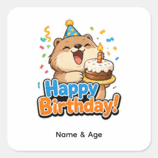 かわいいビーバーとケーキのカスタム誕生日パーティーファバースティッカー スクエアシール