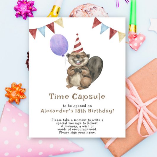 かわいいビーバーのタイムカプセル 1歳の誕生日 ポスター
