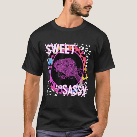 かわいいビーバー90sノスタルジアレインボーヒョウ印刷Tr Tシャツ (正面)