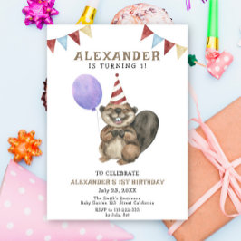 かわいいビーバー 1歳の誕生日パーティー 招待状