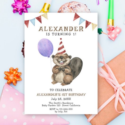 かわいいビーバー 1歳の誕生日パーティー 招待状