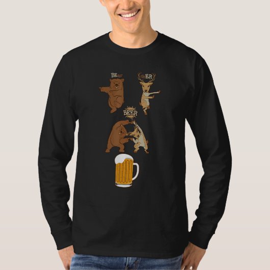 かわいいビールを飲むクマ+シカ=ビールを飲む Tシャツ (正面)