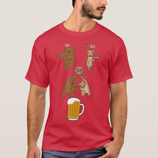 かわいいビール飲み熊+鹿=ビール Tシャツ (正面)