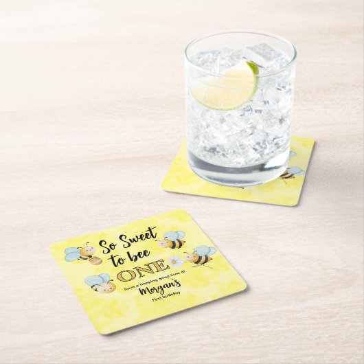 かわいいビーワンイエローブラックファースト誕生日パーティー スクエアペーパーコースター (インサイチュ)