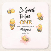 かわいいビーワンピンクブラックファースト誕生日パーティー スクエアペーパーコースター (正面)