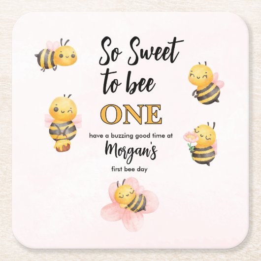 かわいいビーワンピンクブラックファースト誕生日パーティー スクエアペーパーコースター (正面)