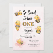 かわいいビーワンピンクブラックファースト誕生日パーティー 招待状 (正面)