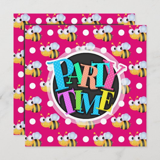 かわいいビー熱いピンク&ホワイト水玉模様 招待状 (正面/裏面)