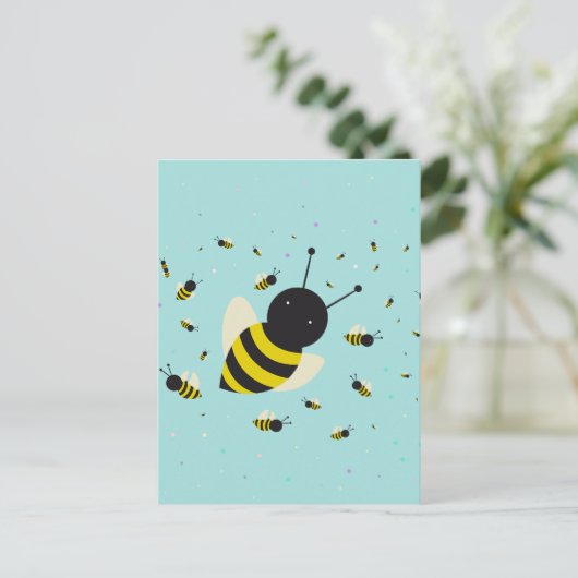 かわいいビー群と水玉模様パステルブルー ポストカード (スタンド正面)