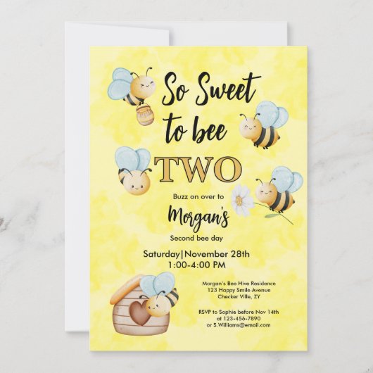 かわいいビー2イエローブラック2歳の誕生日パーティー 招待状 (正面)