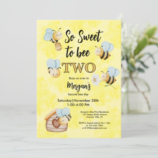 かわいいビー2イエローブラック2歳の誕生日パーティー 招待状 (スタンド正面)