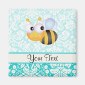 かわいいビー;ティール(緑がかった色)ダマスクパターン マグネット (正面)