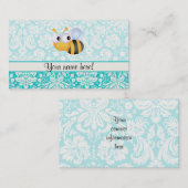 かわいいビー；ティール（緑がかった色）ダマスクパターン 名刺 (正面/裏面)