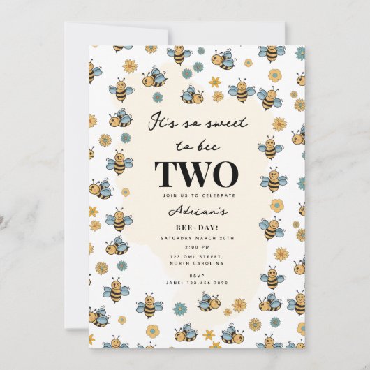 かわいいビー&ワイルドフラワーズ子供の誕生日パーティー 招待状 (正面)