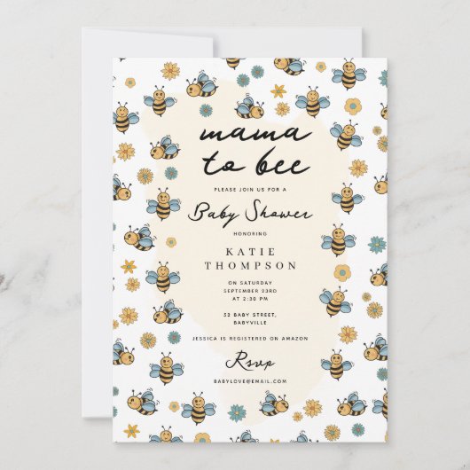 かわいいビー&ワイルドフラワーママ赤ちゃんシャワー 招待状 (正面)
