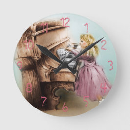 かわいいピアノガールラウンドクロックエレガント、ヴィンテージアート ラウンド壁時計