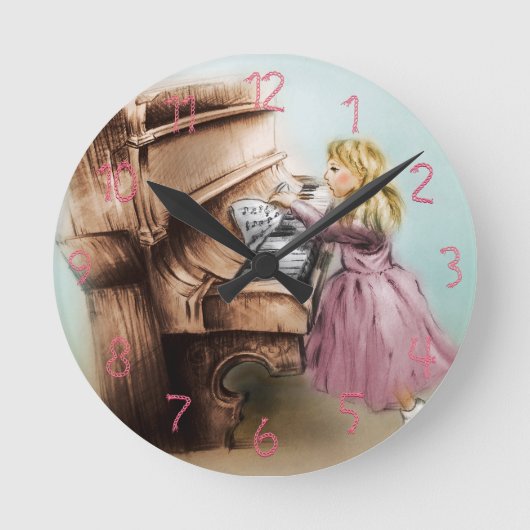 かわいいピアノガールラウンドクロックエレガント、ヴィンテージアート ラウンド壁時計 (正面)