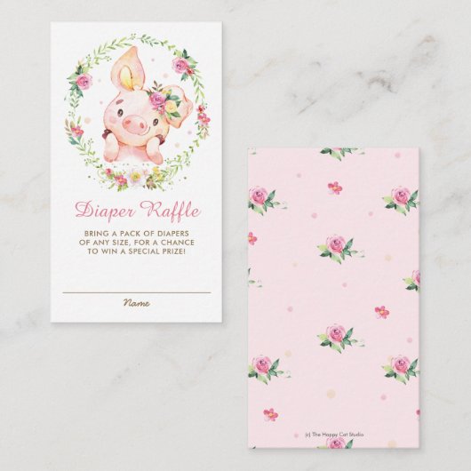 かわいいピギーピンクのフローラ赤ちゃんシャワーおむつラッフル エンクロージャーカード (正面/裏面)