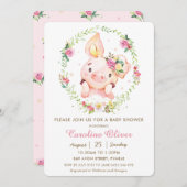 かわいいピギーピンクフローラ緑のリースベビーシャワー 招待状 (正面/裏面)