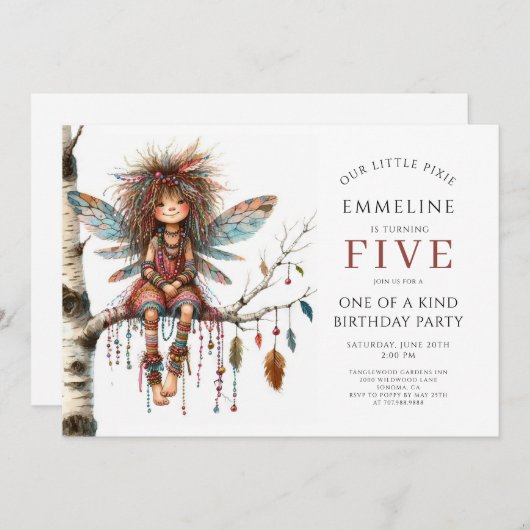 かわいいピクシー妖精ガールズ誕生日 招待状 (正面/裏面)