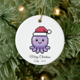 かわいいピクセルアートのタコのサンタ帽子のクリスマスギフト セラミックオーナメント