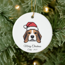 かわいいピクセルアートのビーグル犬サンタ帽子 クリスマスギフト セラミックオーナメント