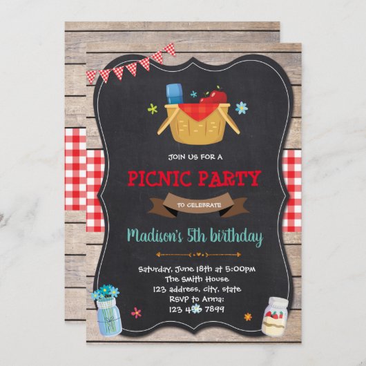 かわいいピクニックパーティー誕生日の招待状 招待状 (正面/裏面)