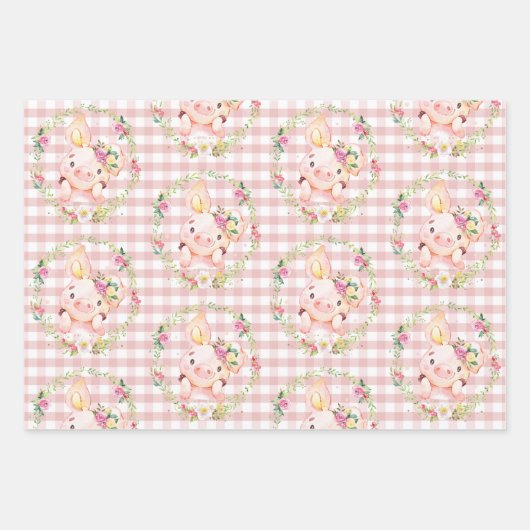 かわいいピグピンクフローラベビーシャワー誕生日ギンガム ラッピングペーパーシート (正面)