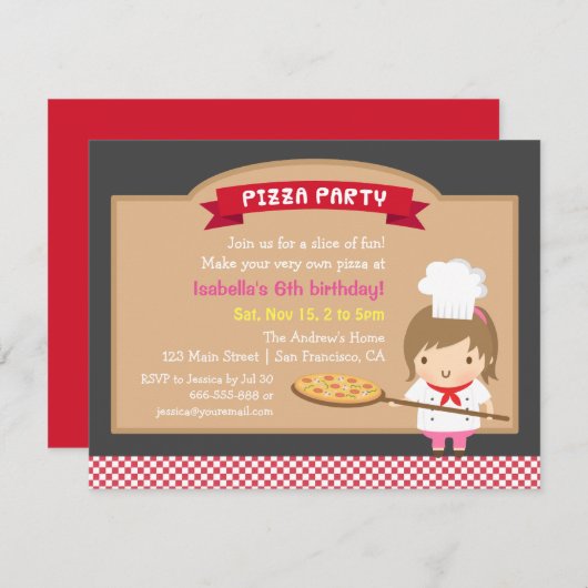かわいいピザシェフガールバースデーパーティ招待状 招待状 (正面/裏面)