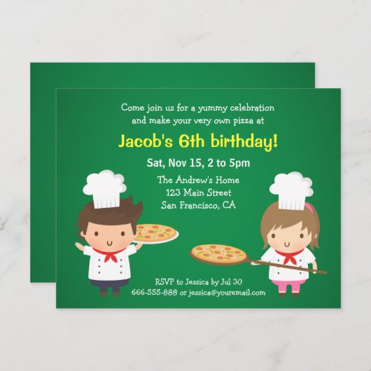 かわいいピザ子供の誕生日のパーティの招待状 招待状 (正面/裏面)