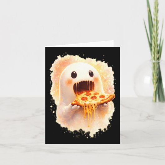 かわいいピザ幽霊がピザを食べる ハロウィンのおもしろ食品 カード (正面)