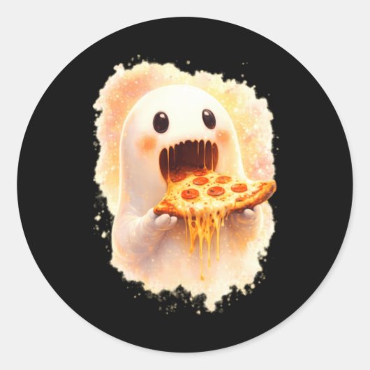 かわいいピザ幽霊がピザを食べる ハロウィンのおもしろ食品 ラウンドシール (正面)
