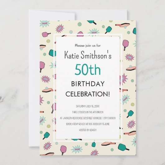 かわいいピックボールパーティー50位誕生日招待状 招待状 (正面)