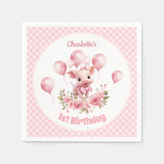 かわいいピッグピンクファームガール1st誕生日パーティーナプキンス スタンダードカクテルナプキン (正面)