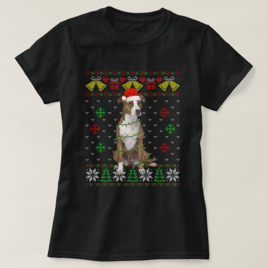 かわいいピットブルドッグサンタハット醜いセーターXMASS Ligh Tシャツ (デザイン正面)