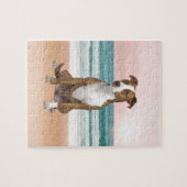 かわいいピットブルドッグ日没とビーチに座る ジグソーパズル (横)