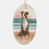 かわいいピットブルドッグ日没とビーチに座る セラミックオーナメント (右)