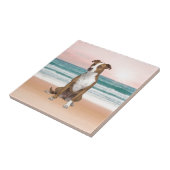 かわいいピットブルドッグ日没とビーチに座る タイル (側面)