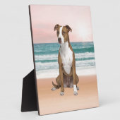 かわいいピットブルドッグ日没とビーチに座る フォトプラーク (側面)