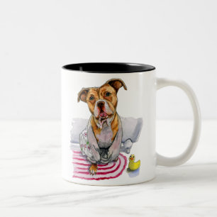 かわいいピット・ブル犬のBathの時間水彩画の絵画 ツートーンマグカップ
