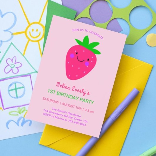 かわいいピンクいちご1st誕生日パーティーベビーガール 招待状
