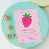 かわいいピンクいちご1st誕生日パーティーベビーガール 招待状