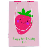 かわいいピンクいちご1st誕生日ベビーガール ミディアムペーパーバッグ (正面)
