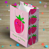 かわいいピンクいちご1st誕生日ベビーガール ミディアムペーパーバッグ