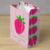 かわいいピンクいちご1st誕生日ベビーガール ミディアムペーパーバッグ