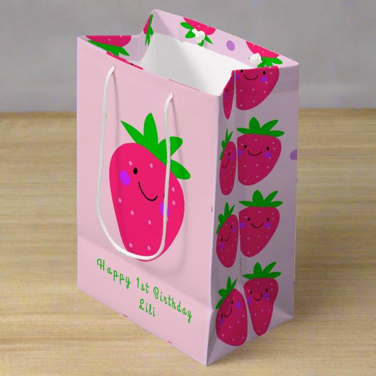 かわいいピンクいちご1st誕生日ベビーガール ミディアムペーパーバッグ