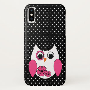 かわいいピンクおよび白いフクロウの水玉模様 iPhone X ケース