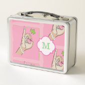 かわいいピンクおよび緑 メタルランチボックス (裏面)