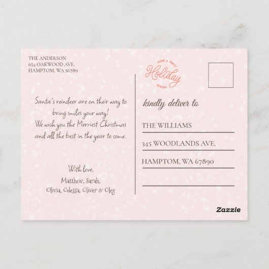かわいいピンクお洒落のトナカイとクリスマスライト ポストカード (裏面)