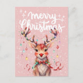 かわいいピンクお洒落のトナカイとクリスマスライト ポストカード (正面)